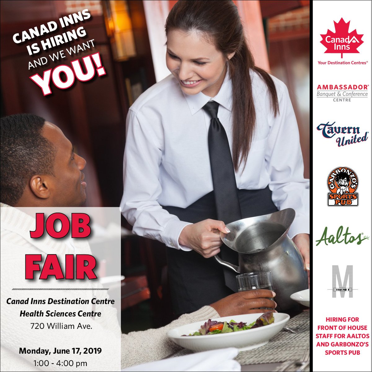 💥 JOB FAIR 💥 Tidy up those resumés &amp; join us at Canad Inns Destination Centre #HSC on June 17th 🤗 We're looking to add to our Aaltos &amp; Garbonzo’s Sports Pub teams! If you have any questions, please call (204) 789-8873 📲 #NowHiring