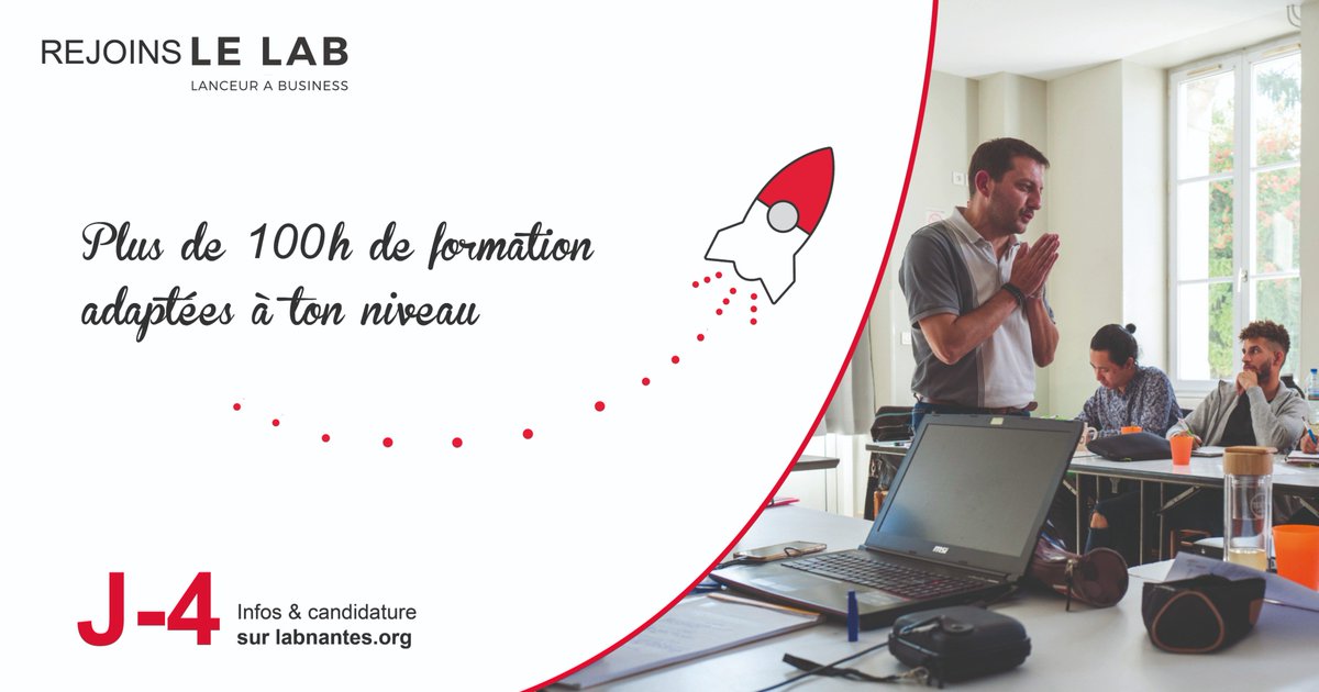 𝐉-𝟰 𝗽𝗼𝘂𝗿 𝗽𝗼𝘀𝘁𝘂𝗹𝗲𝗿 𝗮𝘂 𝗟𝗔𝗕 ! 🚀

➡️ Profite de 24 mois d’accompagnement gratuit dont 100h de formation adaptées à ton niveau pour structurer ton projet (convaincre un banquier, choisir son statut...)

📝 Infos &amp; candidature sur labnantes.org