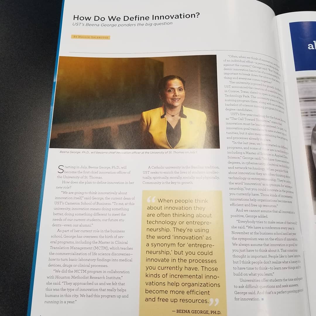 USTadmissions's tweet photo. Check out the #TMCPulse June edition! We have two great highlights- 1. The NEW Master Degree in Applied Data Science and 2. Dr. Beena George as UST new #ChiefInnovationOfficer! Shout out to Kristen Scott, MBA who is a new student in the MSDS program. #USTHouston #CeltNation https://t.co/1g1MqdZXbv