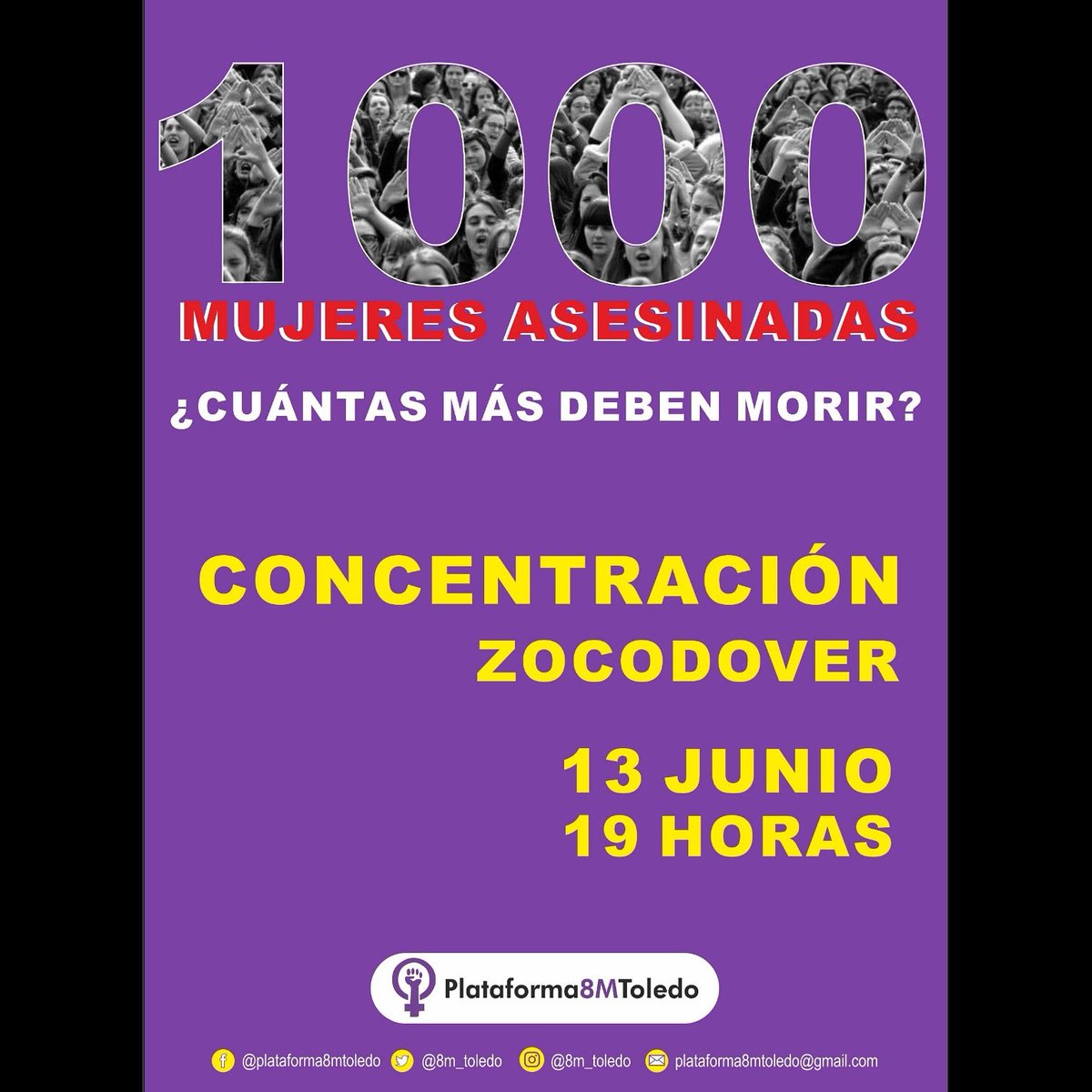 Concentración en Zocodover el 13 de junio.
Las #CifrasOficiales de víctimas de la #ViolenciaMachista llega a las 1000 mujeres asesinadas por sus parejas/exparejas desde 2003
#NiUnaMenos #alertaviolenciamachista