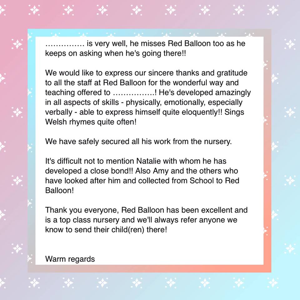 red_balwn's tweet photo. How amazing is this feedback? Thank you so much for your kind words, we really do appreciate it. 💛 #redbalwncoch #caerdydd #cardiff #RBCDN #testimonials #topnursery #topthreenurseriesincardiff #tuesdaythoughts #kindness #bilingual #dwyieithog #hapus #happy @NDNAtalk https://t.co/QfEhGN1fPe