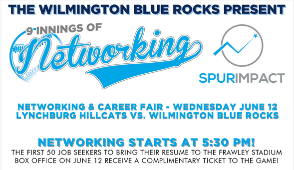 spurimpact's tweet photo. We can't wait for the Nine Innings of Networking #DEJobFair @ the @WilmBlueRocks game tomorrow night! Thank you to our lead sponsors - the Blue Rocks, @DelawareDOL, &amp; @DELibraries - for their continued support!

We'll see you tomorrow night @ Frawley Stadium #NetDE #ItsTimeWilmDE https://t.co/awAeM2QJ4z