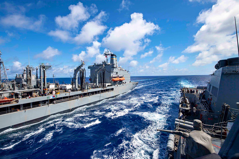 Arleigh Burke-class guided-missile destroyer #USSMcCampbell (DDG 85) conducts a replinishment-at-sea with the #USNSJohnEricsson (T-AO 194). in the Indo-Pacific region. (U.S. Navy photo by Mass Communication Specialist 3rd Class Isaac Maxwell/Released)