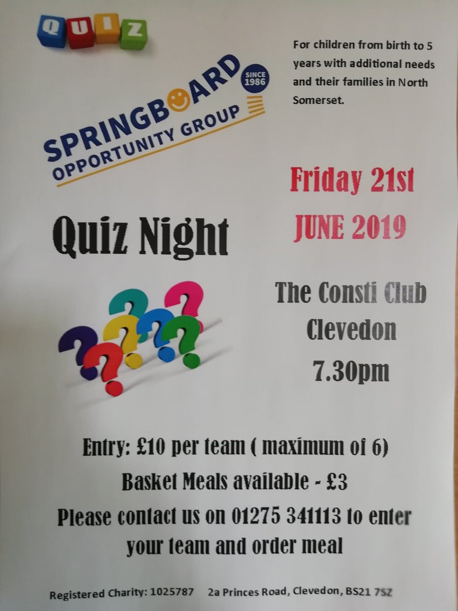 We need you quizzers.
For this to go ahead we need a few more teams involved.
If you fancy taking part please contact us on 01275 341113 or email emma@springboardweb.org.uk    #QuizNight