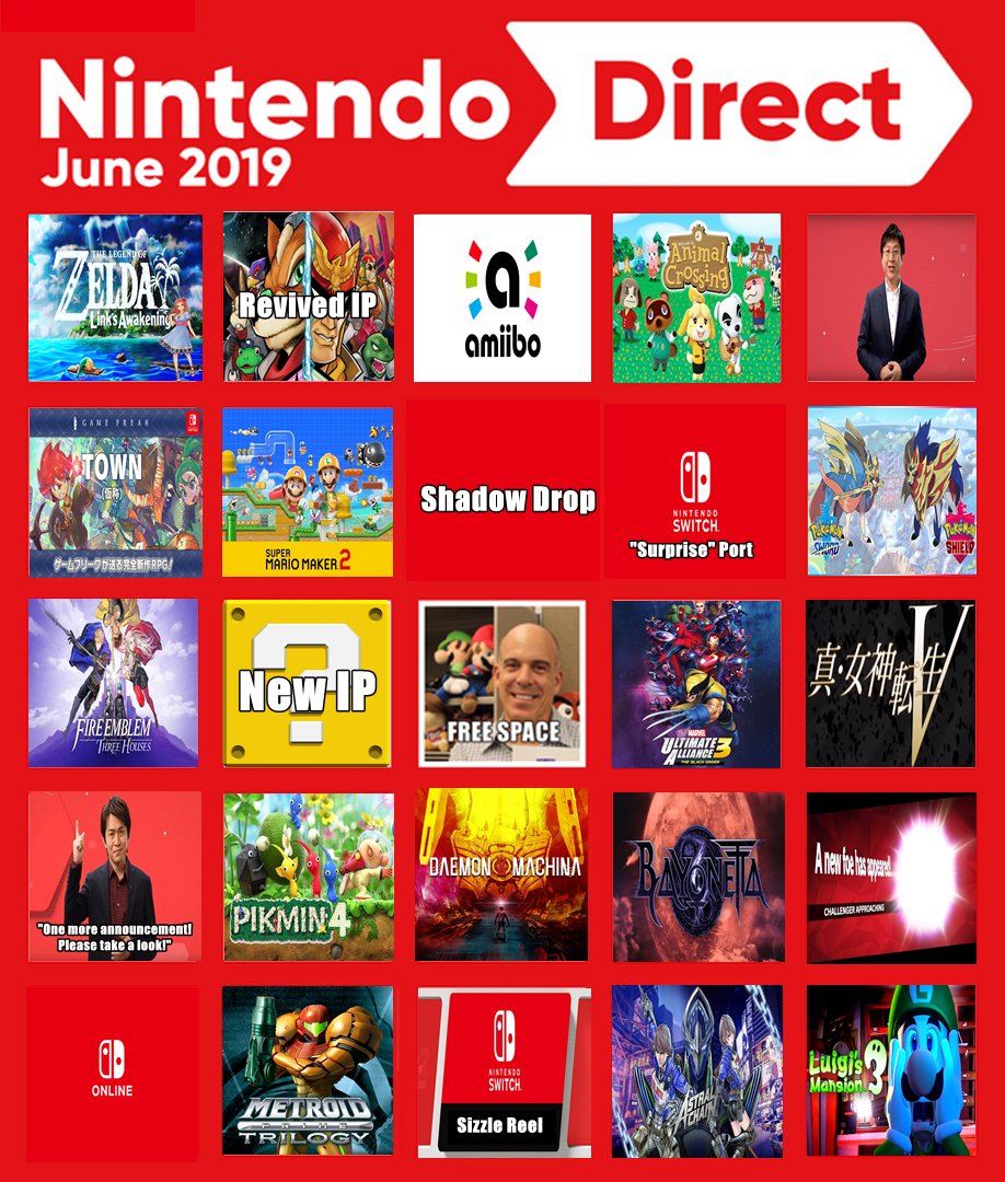 Middy0100's tweet photo. Here's my E3 Nintendo Direct bingo card. Couple of longshots on here, but we'll see what happens. https://t.co/jFJXrJs9Yg