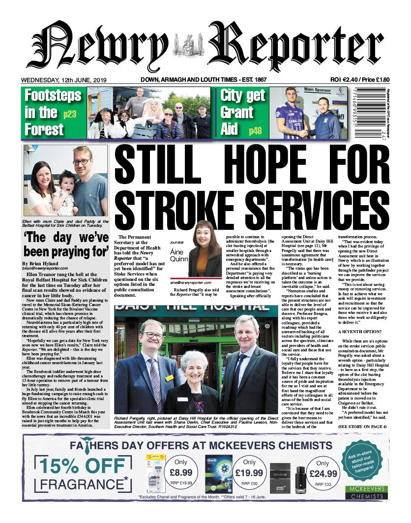 This week’s front page: @hscpermsec tells the Newry Reporter that 'a preferred model has not yet been identified’ for future of stroke services