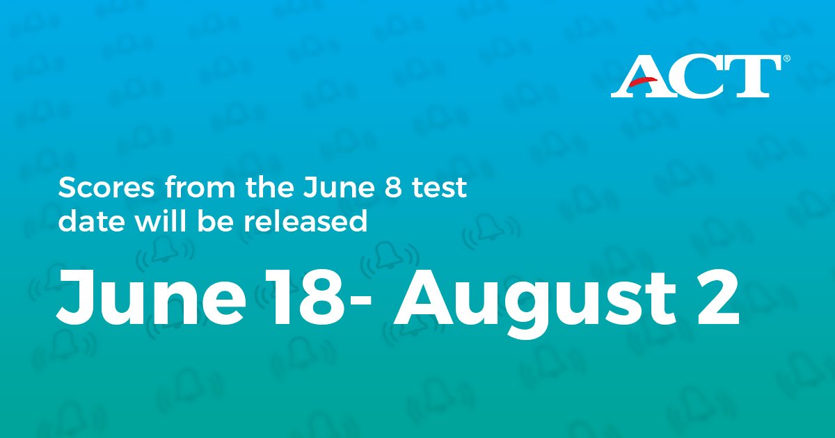ACTStudent's tweet photo. Scores from the June #ACT test date will start to be released on June 18. Scores will be released each week through August 2. Details: https://t.co/ssvLQ61sfy https://t.co/tw00XKvhQ2