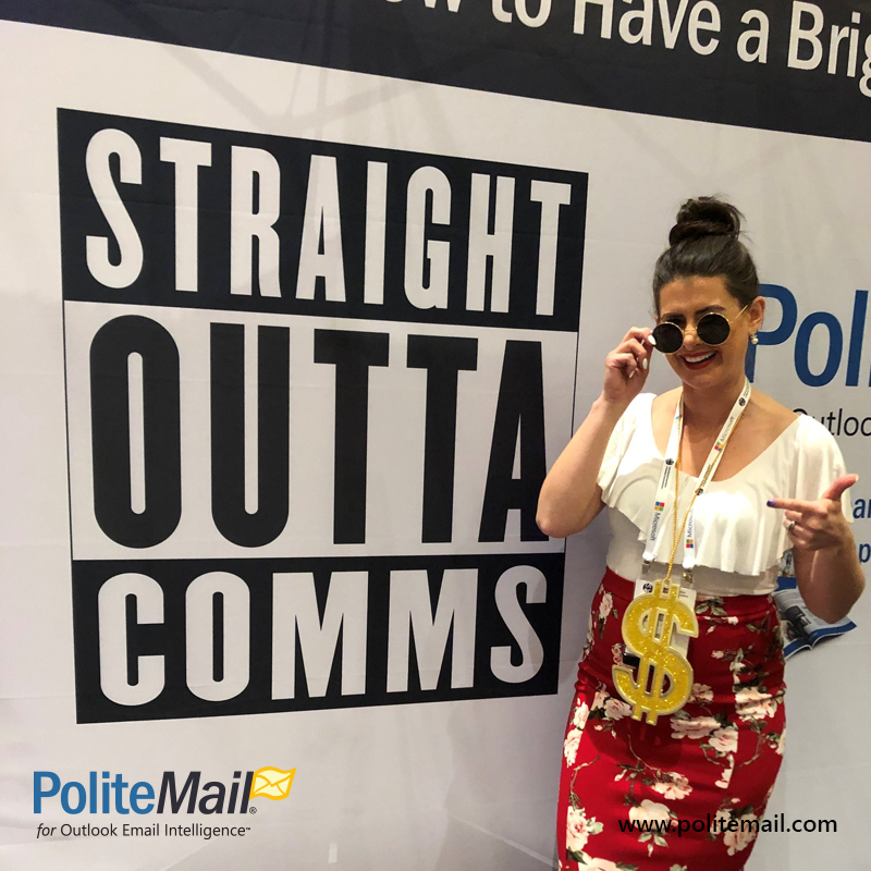 PoliteMail's tweet photo. #iabc19 Day 2!  Our photo booth is still open. Keep an eye out for our special correspondent Joel interviewing attendees and presenters.  Come visit us and learn how PoliteMail can give you a brighter Outlook!  #StraightOuttaComms #politemail https://t.co/ut9UiSkP9M