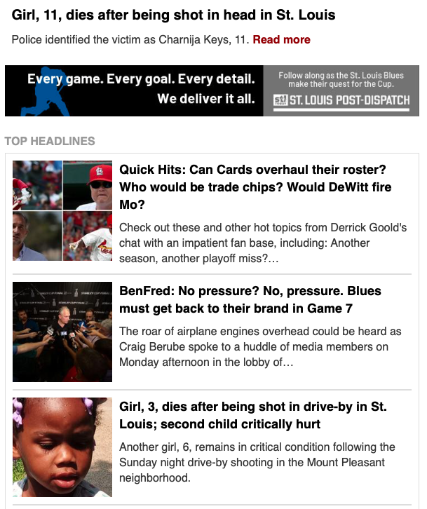 CaraSpencerSTL's tweet photo. 2 of 4 top headlines in @stltoday news feed are about children killed by guns. Two children in two days. Dead. Because of guns. @GovParsonMO - we have to do something about guns. Please work with STL and other #MOcities to get guns off our streets.
We need #CommonSenseGunLaws https://t.co/dVpWB1Aut2