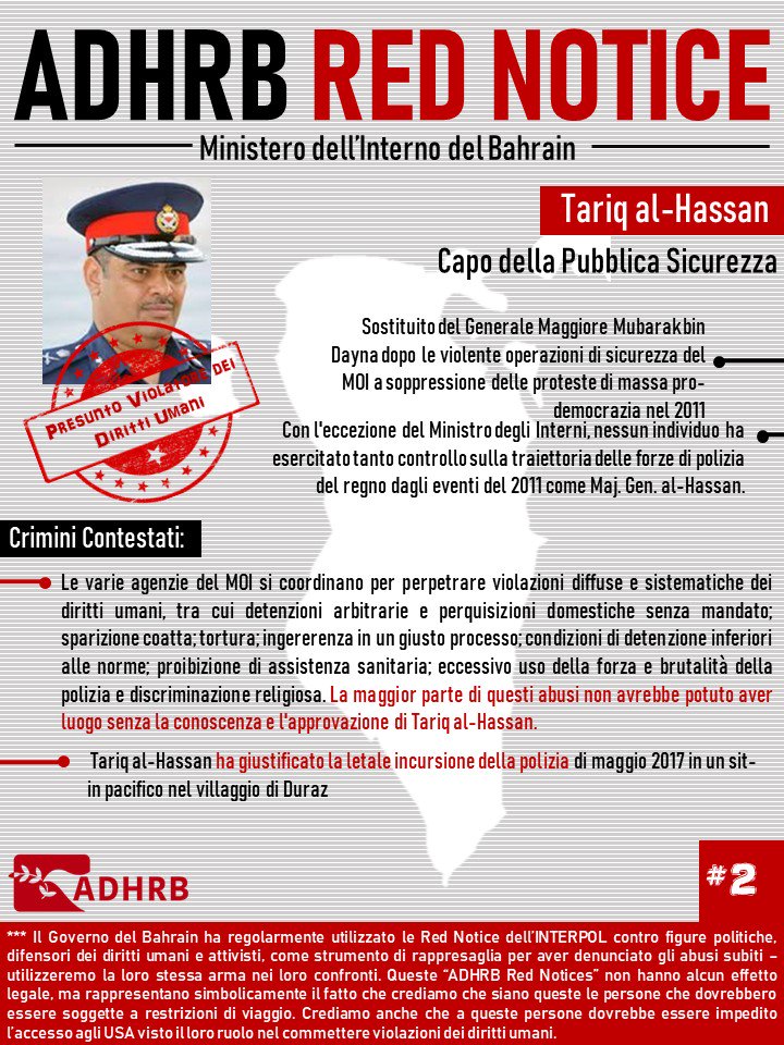 ADHRB #RedNotice

I 14 membri del Ministero dell'Interno del #Bahrain che hanno violato i diritti umani.

#2 - Tariq al-Hassan

#dirittiumani #humanrights <a href="/SapienzaRoma/">Sapienza Università di Roma</a> <a href="/ItalyinBahrain/">Italy in Bahrain</a> <a href="/CD_esteri/">Camera - Esteri</a>