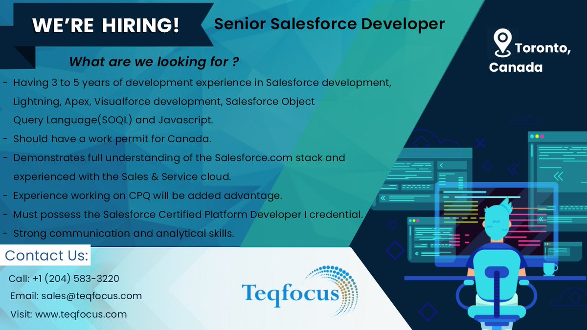 teqfocus's tweet photo. We are Hiring!
Teqfocus is looking to add a Senior #SalesforceDeveloper with a minimum of 3 years of development experience to its family for our #Canada office. 
Apply Now: https://t.co/gDndPQMGG9
#wearehiring #canadalocation #joinourteam #teqfocus #teqforce #Salesforcedeveloper https://t.co/IpkkmMfd4a