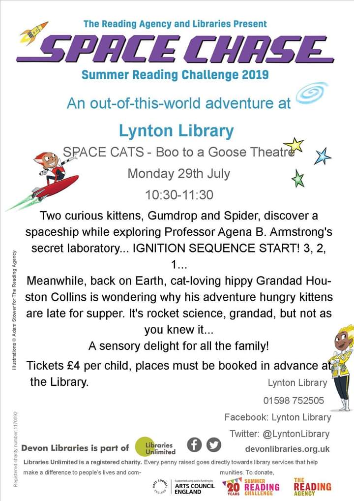 Looking forward to Space cats with @boo_toagoose on Monday 29th July 10:30am. Places must be booked in advance by visiting the Library or ringing 01598752505. <a href="/LLCliffRailway/">Cliff Railway Lynton</a> <a href="/LyntonLibrary/">Lynton Library</a> <a href="/Lyntoncinema/">Lynton Cinema</a> @LyntonLynmouth <a href="/woody_bay/">Lynton & Barnstaple</a>