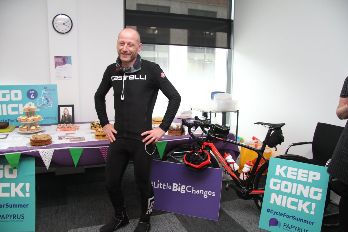 TravelSYorks's tweet photo. Day 4 ✔️for our @nickbrailsford as he completes day 4 of his 960 mile charity cycle challenge, joined by Active Travel Commissioner @DameSarahStorey . A well-earned coffee and bake sale pit stop all in aid of @PAPYRUS_tweets . 👏🍰#LittleBigChanges #CycleForSummer https://t.co/ABEYiPT4nv