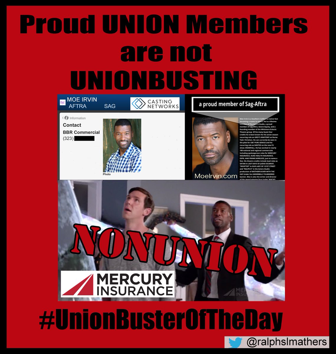 RalphsLMathers's tweet photo. #UnionBusterOfTheDay
When you see #Scabs who work #OffTheCard & claim they're "proud #SAGAFTRA members" ask them why their undercutting their Union family and forking over GIGANTIC 40% commission to #ScamTalentAgent in #40PercentScam.#AdsGoUnion #LAisAUnionTown #1u #AllUnionSets https://t.co/b30Ic8uhAU