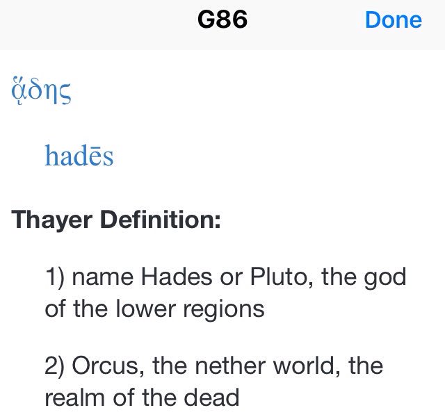 The Greek New Testament equivalent for the Hebrew word Sheol is Hades. The Hades description is Sheol, a place where human spirits go when the flesh human earthly body dies. It is used 11 times, and again is translated as hell in some English bibles, but it is the underworld.