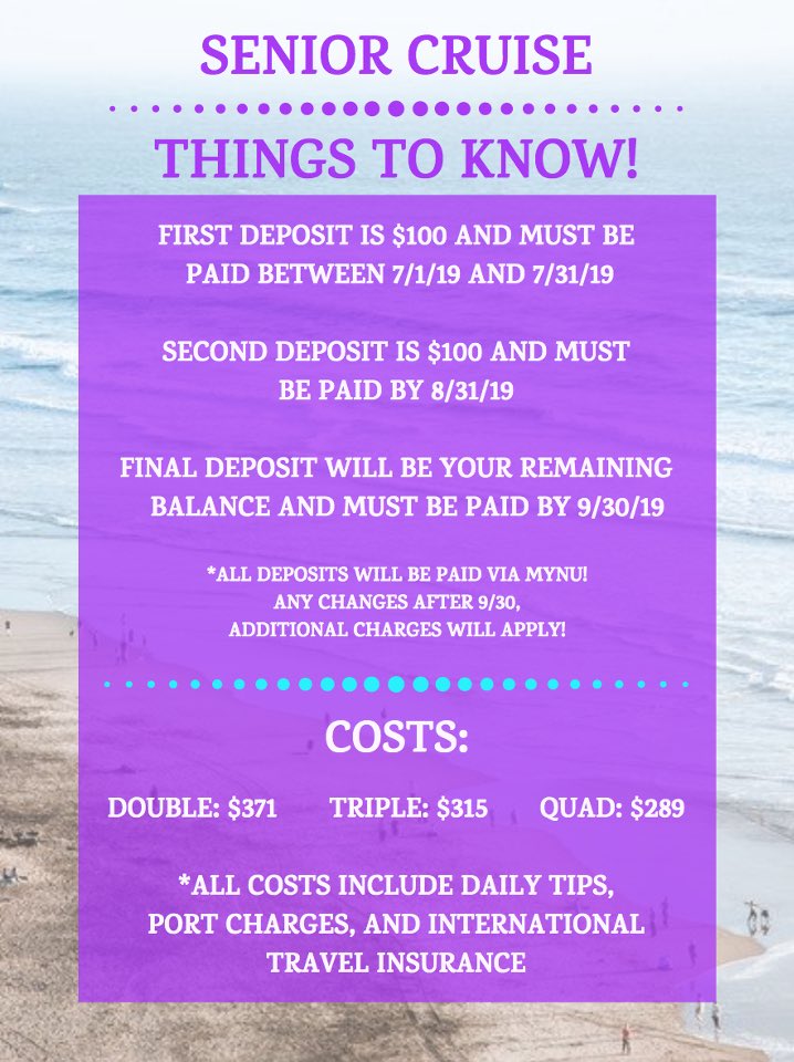 GET READY CLASS OF 2020!!!
Senior cruise is coming up!🌊☀️🛳