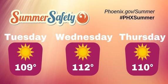 DebraStarkPHX's tweet photo. Starting at 10 a.m. this morning until 8 p.m. Thursday, the National Weather Service has issued an Excessive Heat Warning. 

The city’s annual Summer Safety campaign is in full swing. Please visit the #SummerSafety web page for helpful tips: 
https://t.co/Ft16HzJNBN https://t.co/XrSuNT15IZ