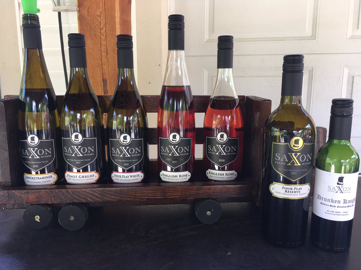 The lineup of fabulous wines at Saxon Estate Winery in Summerland! And all organic too 👌🏻 come visit this winery on our Bottleneck Drive Tour! 🍇 #winery #winetour #okanaganwine #winelicious #wine #summerland #winetourism