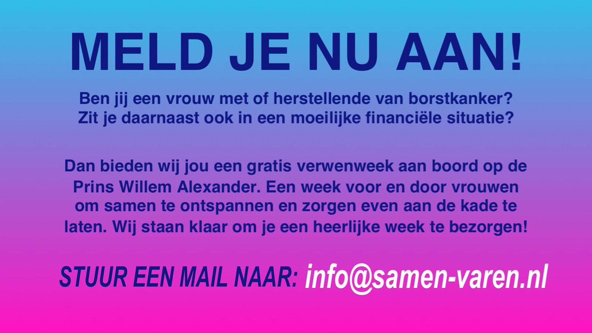 Passagiers gezocht!

Heb jij je al aangemeld? Of ken jij een collega, vriendin, buurvrouw, familielid, etc. met of herstellende van borstkanker die je een onbezorgde verwenweek gunt?

Laat dit ons dan weten via info@samen-varen.nl
#borstkanker #stichting
#varen