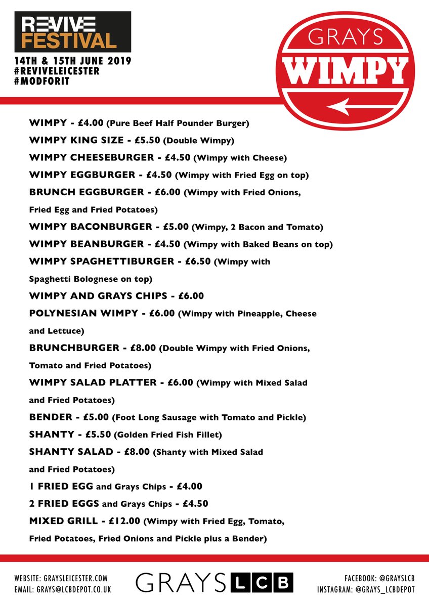 's tweet image. #Wimpys who remembers 'em? On offer at @grays_lcbdepot all w/end from Fri eve with bar &amp;amp; @biffbangpow DJs  Check out their #SoulSunday event too. It's going to be a #Whopper All scooterists welcome to park  in the courtyard area on Fri eve, Sat &amp;amp; Sun 12-5 revivefestival.co.uk