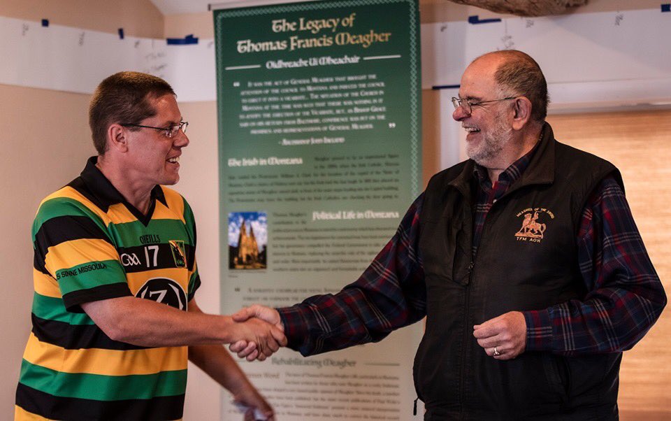 Mike O’Connor, of the Thomas Francis Meagher Association handing Myles Malone of the Thomas Meagher Hurling Club a check for $1000 to support a series of events across Montana promoting hurling and the legacy of Thomas Francis Meagher. You can hear all the details on Season 1ep7