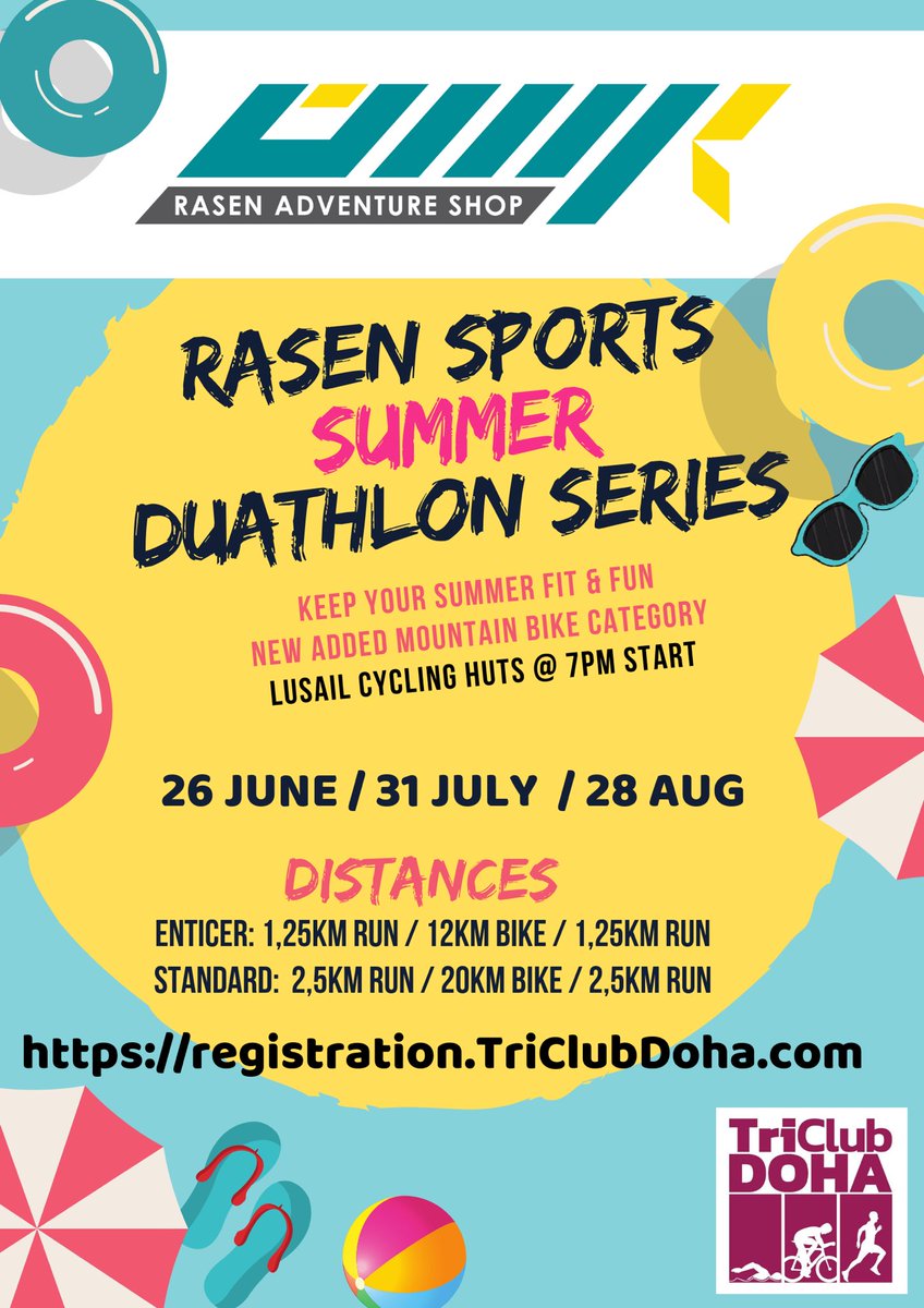 TriClubDoha's tweet photo. Keep your Summer Fit @rasensports Summer Duathlon Series 🤩
New series designed to keep you fit 😎3 races on Weds at Cycling Federation Huts, next to Lusail Race Track.
Race 1 - 26 June
Race 2 -  31 July
Race 3 -  28 Aug 🏖Enter Online now! 
https://t.co/j5rHCtSbvv #rasensports https://t.co/hY89hKVIPB