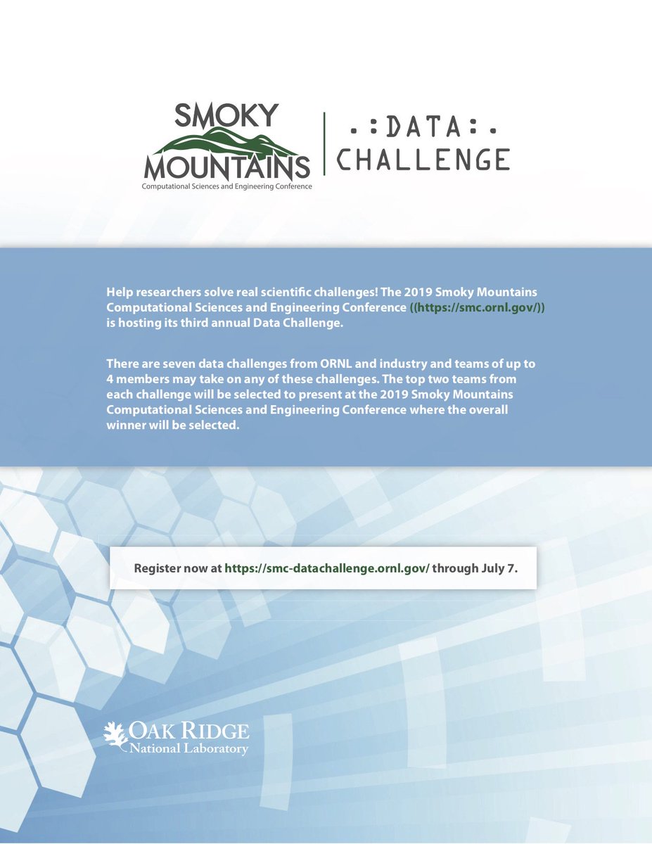 Register by July 7 for the Data Challenge hosted by the Smoky Mountains Computational Sciences and Engineering Conference. Teams will tackle real challenges in neutron science, #HPC, and more. To learn more or register, visit the @SciDatathon website: smc-datachallenge.ornl.gov