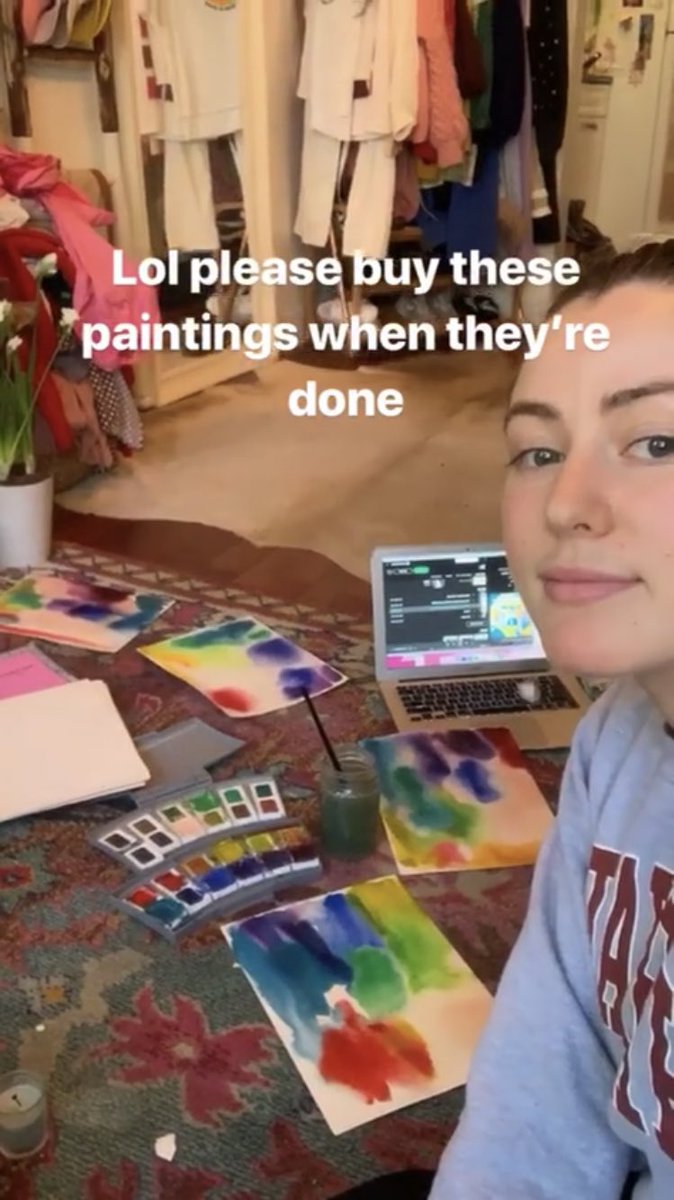 this literal begging for money is gross. she has enough money to spend, not to mention 40 dollars for a basic watercolor by an instagrammer is super high. she could be using this time on her writing or things that actually deserve people’s money. plus tagging her friends..yikes