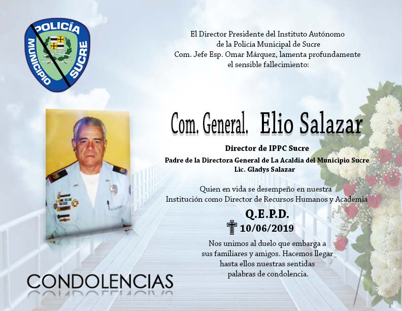 #11Jun #Polisucre el ciudadano Director Gral Comisario Jefe esp. Omar Marquez <a href="/OmarMarquezpms/">Omar Marquez</a> <a href="/PolisucreOficia/">Policía Municipal de Sucre / Miranda</a> en nombre del personal Directivo, policial, administrativo y obrero expresa las más sentidas condolencias a familiares y amigos Comisario Gral Elio Salazar.