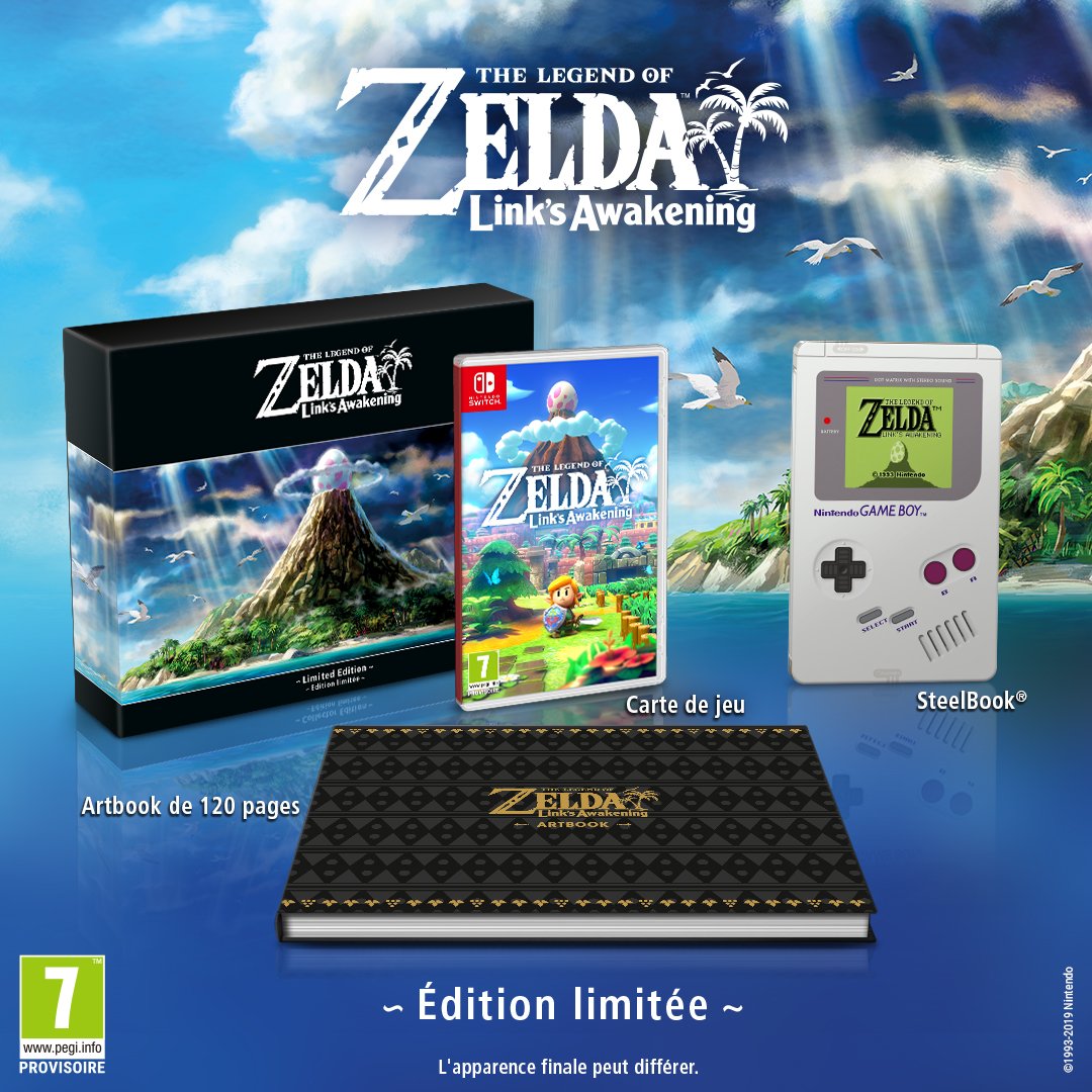 NintendoFrance's tweet photo. Cette édition limitée de The Legend of #Zelda: Link's Awakening sera disponible le 20/09 et inclura un SteelBook® Game Boy ! 🌴 #NintendoE3 https://t.co/vNYB9U8BXN