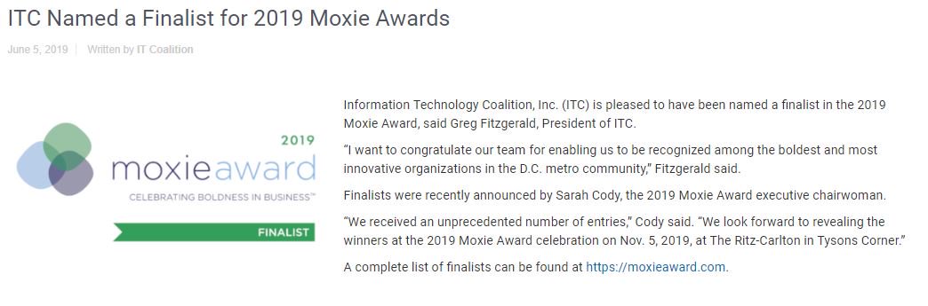 ITCoalition's tweet photo. ITC Named a Finalist for 2019 Moxie Awards!

----> https://t.co/nwiAup66IA

#itc #moxie #moxieawarddc https://t.co/Hhy3MXlH88