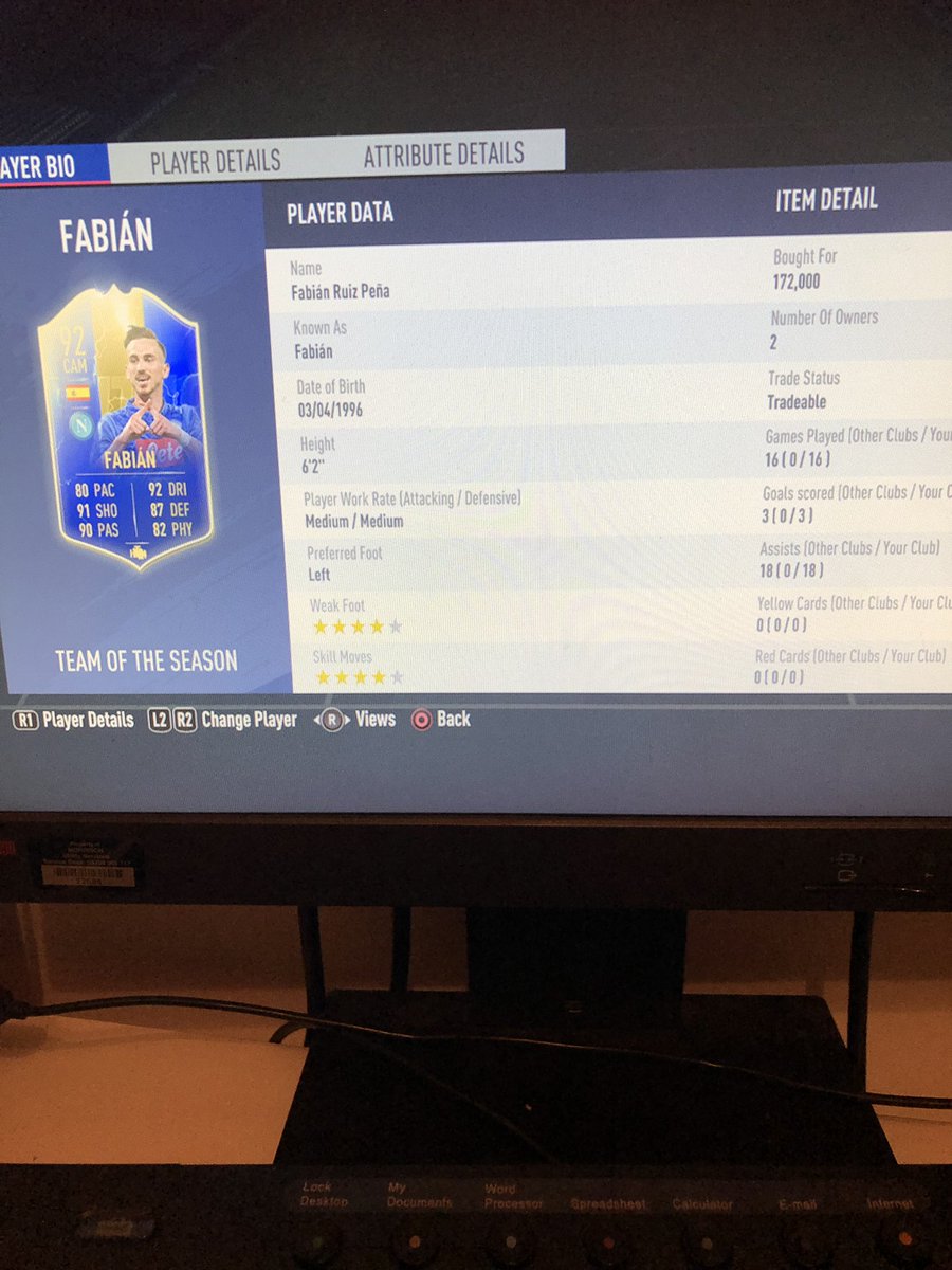 RobosFUT's tweet image. Im a mentalist right?!! This could be a pretty rare card tbh. Fabian was an absolute baller! Look at his stats in CAM at 2500 skill rating! Amazing card. Had 4 quits a kick off too! #fut #fifa19 #weeklyobjective #suso