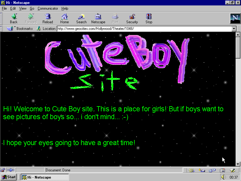 In a legacy netscape browser, a user has a created a web page called "Cute Boy Site," against a starry background.