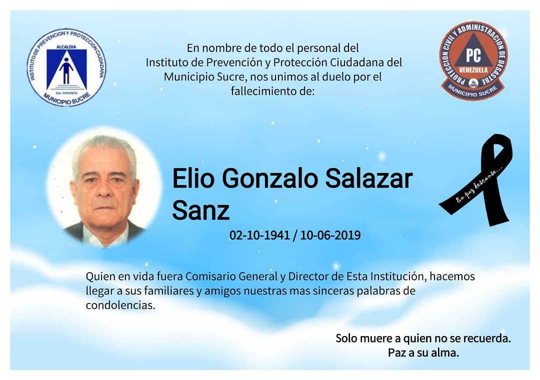 En nombre de todo el personal de @PCSucre nos unimos al duelo que embarga a la familia Salazar, por el sencible fallecimiento del Comisario General y Director de ésta Institución, Elio Gonzalo Salazar Sanz. Paz a su alma.