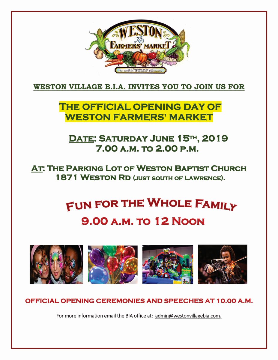 Join us this Saturday, June 15th at 9.00 a.m. for the official opening day #festivities of <a href="/WestonBIA/">Weston Village BIA</a> #farmersmarket. This is a #FREEEVENT and everyone is welcome @WestonWebdotCa <a href="/FrancesNunziata/">Frances Nunziata</a> @FaisalHassanNDP <a href="/HonAhmedHussen/">Ahmed Hussen</a>