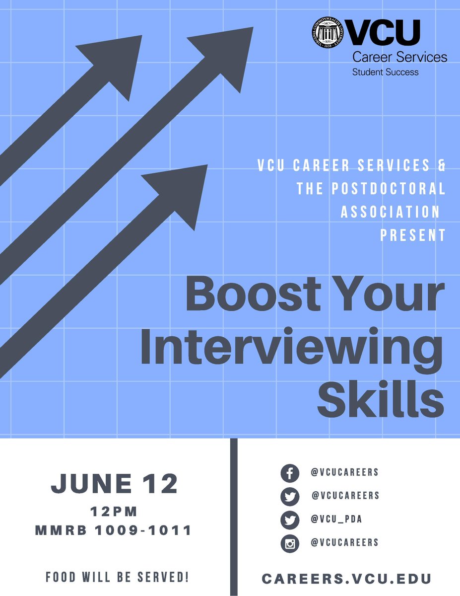 VCU_PDA's tweet image. 🗣️ TOMORROW #VCUpostdocs interested in improving your interviewing skills please join the #VCUPDA and Megan Hollis from @VCUCareers to work through interviewing strategies