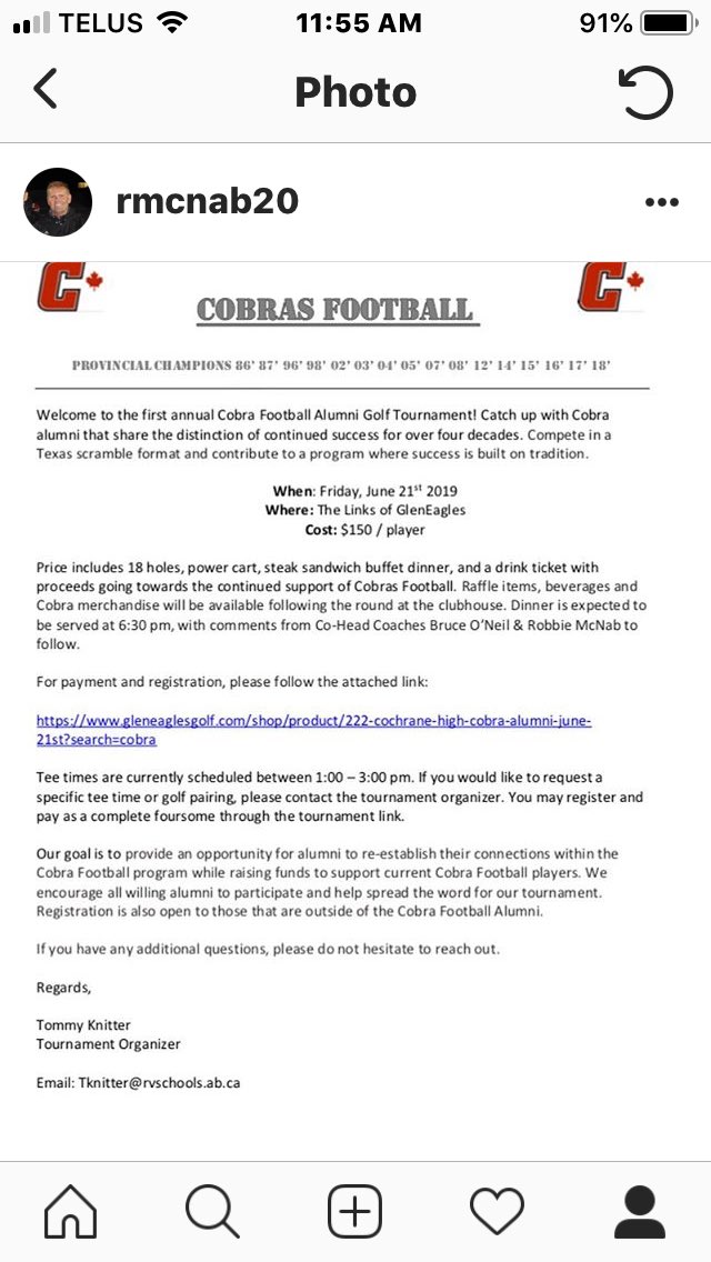 coachmcnab20's tweet photo. The Cobras Alumni Football Golf Tournament is fast approaching.  Make sure to get registered. https://t.co/AKmteHT56K