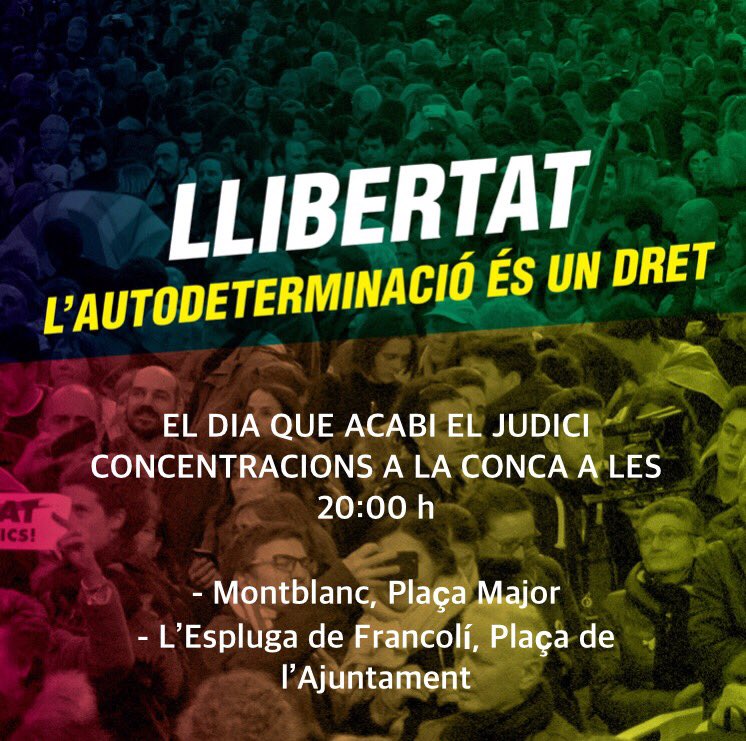 ⚪⚫ Quan va començar el judici hi vam ser.
Ara ja s’ha acabat i s’ha mostrat amb documents,testimonis i vídeos el que vam dir quan va començar:ha estat un judici farsa!🤬
L’Autodeterminació és un dret i no un delicte i no podem acceptar cap resolució que no sigui l’absolució!✊🏻