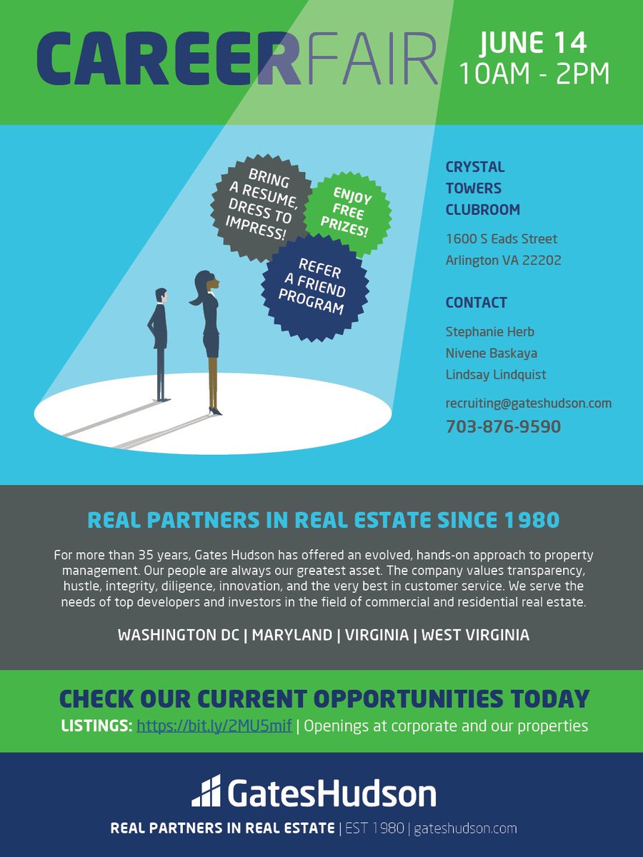 Career Fair! Come see us this Friday, June 14 from 10am to 2pm at Crystal Towers clubroom. We look forward to meeting students from Howard, Johns Hopkins, Georgetown, and George Washington universities as well as metro DC area professionals. #GatesHudsonFTW