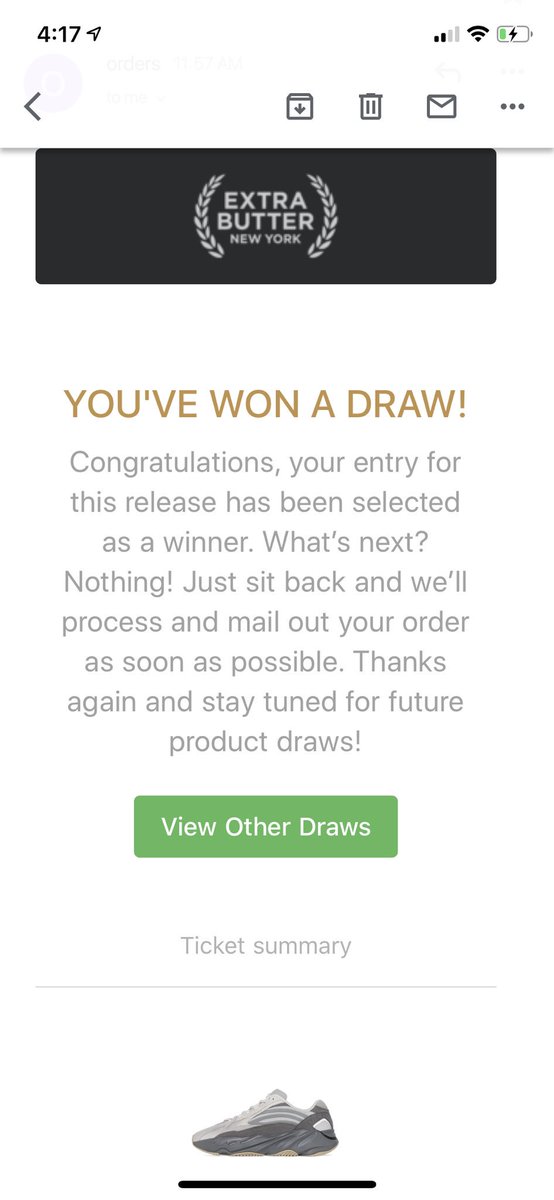 StevenJaarr's tweet photo. What you know, shock drop on the #yeezy700 Tephra and my @ExtraButter online raffle input got me this email today! #yeezyboost #Sneakers #AdidasOriginals #YEEZUS https://t.co/uGQptioU52