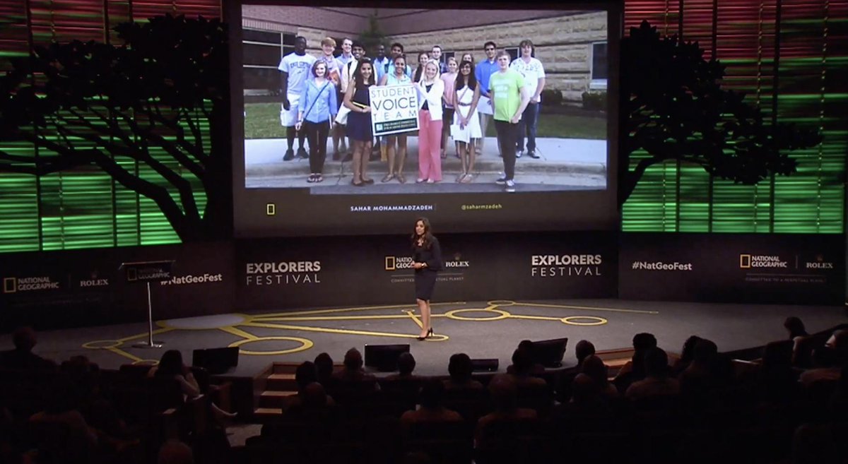 KYStuVoiceTeam's tweet photo. SVT's @saharmzadeh speaking about #stuvoice and overcoming learned helplessness and our #ReadyorNotbook work on the national stage now in DC for #NatGeoFest. Watch with us at https://t.co/tBqoqXmKXq https://t.co/e1Uq4JUyUy