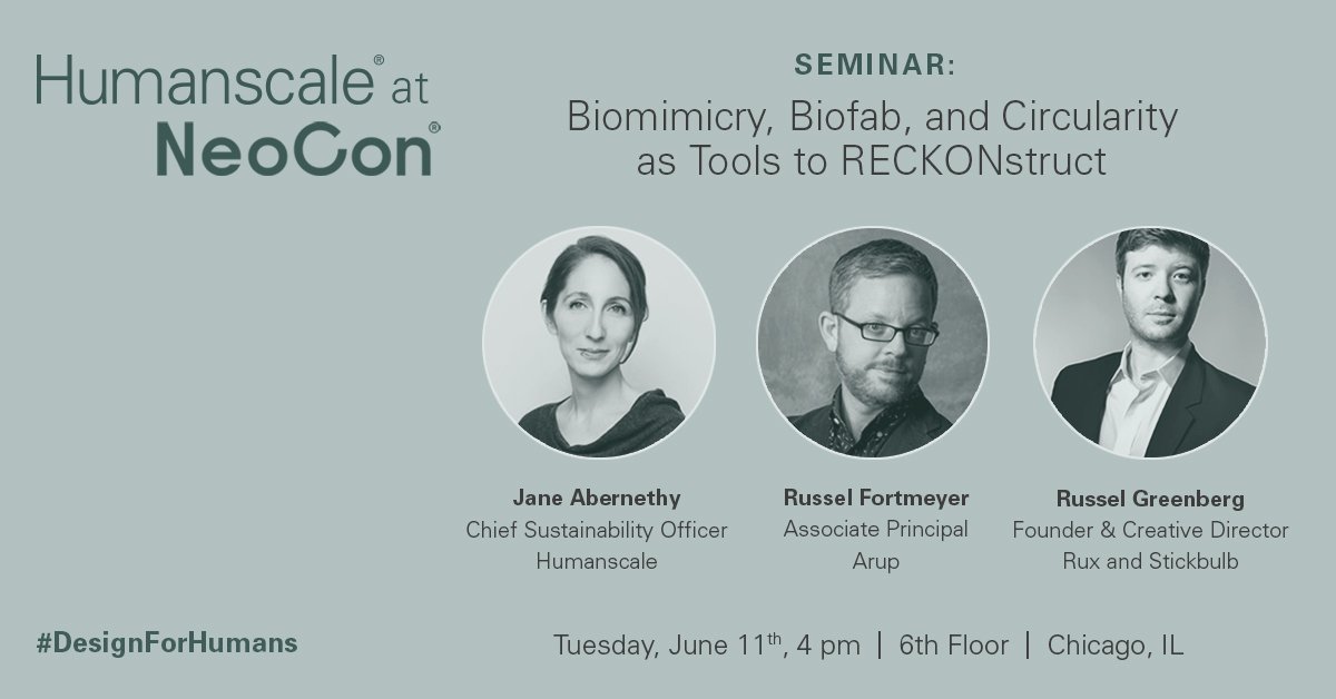 humanscale's tweet photo. Happening now at #NeoCon2019 our CSO @jane_abernethy_ will join @ArupGroup, @MIT and @stickbulb for a panel on #Reckonstruct, the globally-renowned exhibit that explores how #sustainability can be a source for design innovation. #DesignForHumans https://t.co/i3mTT0hYWL