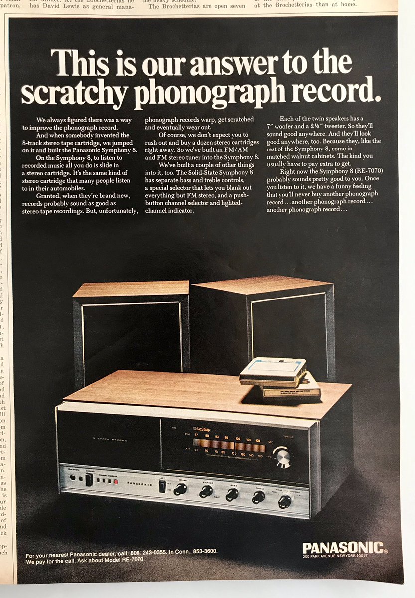 PastPopCulture's tweet photo. In 1969, the 8-track cassette was the answer to the scratchy phonograph record. How’d that turn out for you, Panasonic? #vintageads #vinyl #obsoletetech #1960s https://t.co/tkbsHhUl8D