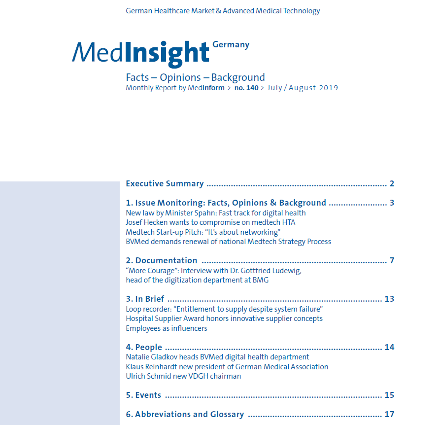 BVMed's tweet photo. We have just published our new #MedInsight Germany issue with news from the German #medtech market.
Topics are e.g.
- Fast track for #digitalhealth
- #GBA Hecken wants to compromise on #HTA
- Medical #Startups Pitch
- National Medtech Strategy Process
https://t.co/veVS5So4QV https://t.co/g49BmMYIP9