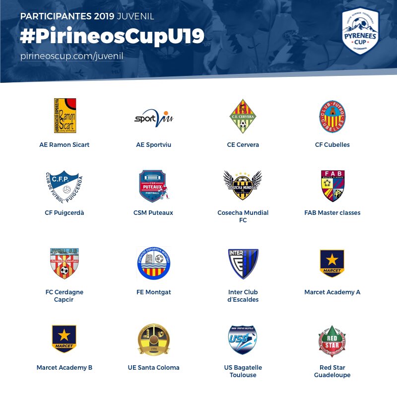 ¡Estos son los equipos que jugarán la categoría U19 Juvenil en la Pirineos Cup 2019!
Sigue todas las novedades de la categoría en pirineoscup.com/juvenil y en redes sociales a través del hashtag #PirineosCupU19 .
¿Quién crees que será el ganador?

#PirineosCupU19
#PirineosCup2019