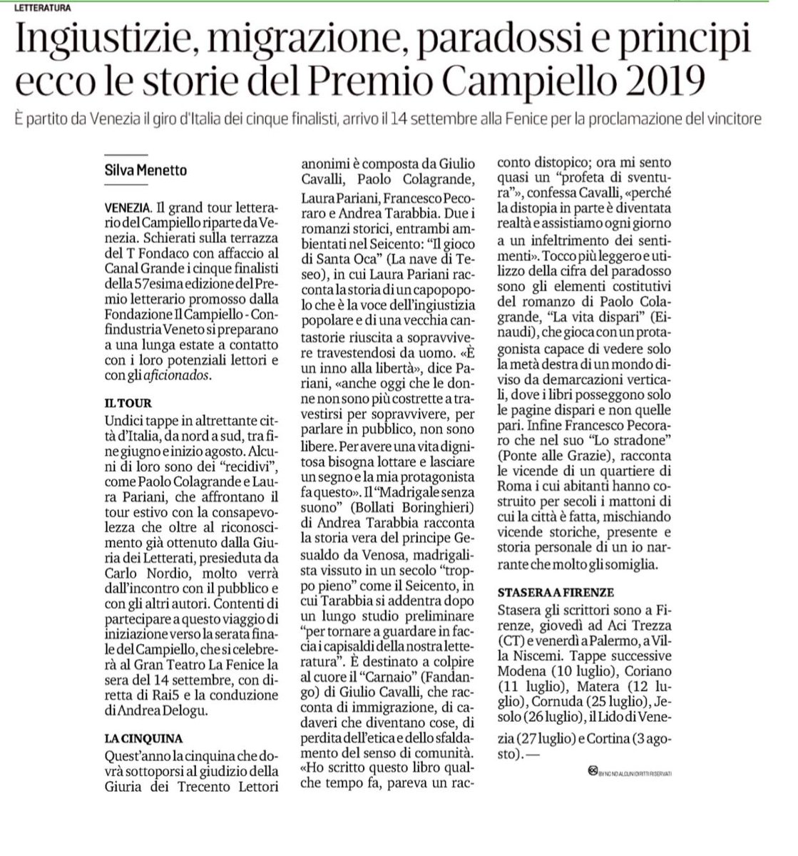 PremioCampiello's tweet photo. Il #Campiello2019 sulla stampa di oggi! 📰📚
Riviviamo la prima tappa del #CampielloInTour di ieri al #TFondaco dei Tedeschi by DFS con gli articoli usciti su @corriereveneto, @Gazzettino, @nuova_venezia, @mattinodipadova e @tribuna_treviso https://t.co/xQ4T6I8yxl