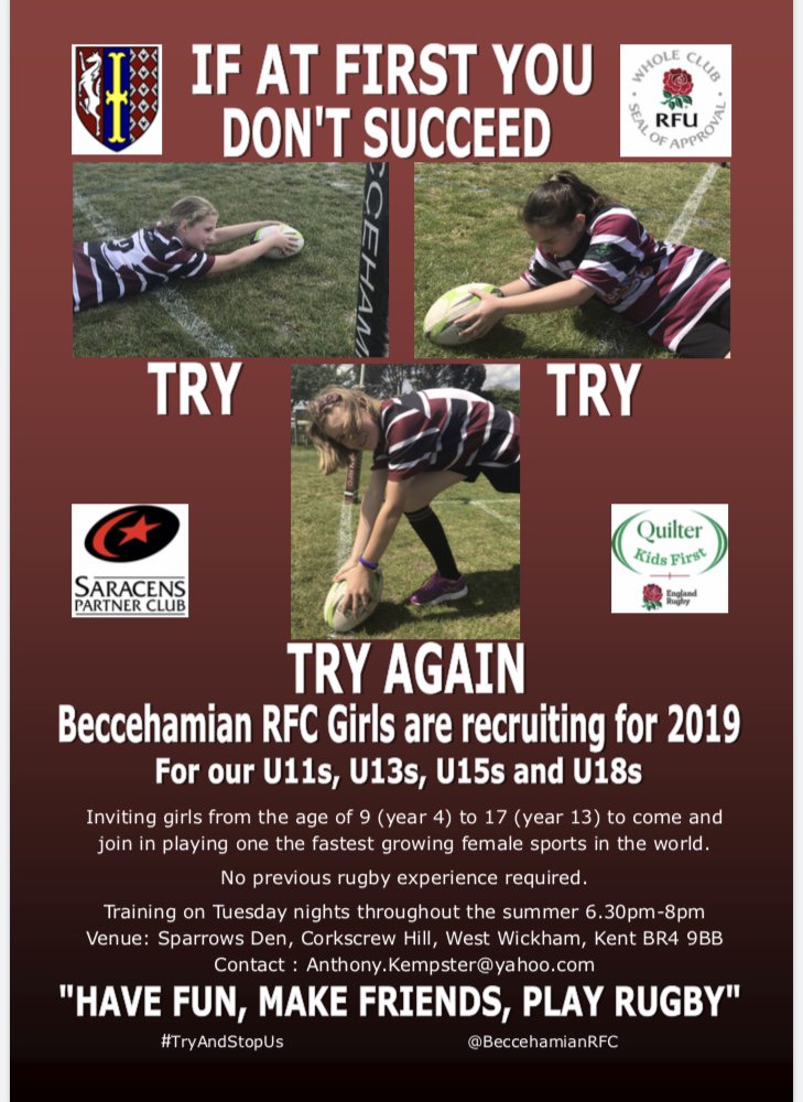 BeccehamianRFC's tweet photo. @BeccehamianRFC #GirlsRugby are continuing to recruit for next season. Training sessions at #BeccsRugby are scheduled for Tuesday 2nd, 9th &amp; 16th July 6.30pm- 8pm, plus guest days @HayesSecondary &amp; @LPGSBromley #TryAndStopUs #QuilterKidsFirst
https://t.co/k5YhyBlZM4 https://t.co/TeOCLd9Buk