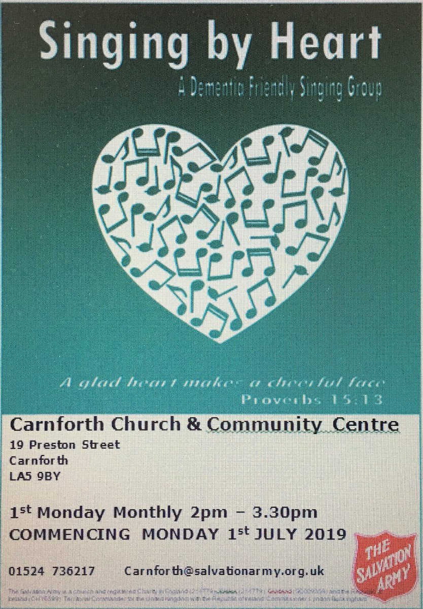 CarnforthICC's tweet photo. Dementia Friendly Singing Group ‘Singing by Heart’ starts Monday 1st July and will be held on 1st Monday of every month at Salvation Army in Carnforth. https://t.co/eFAQd1icJo
