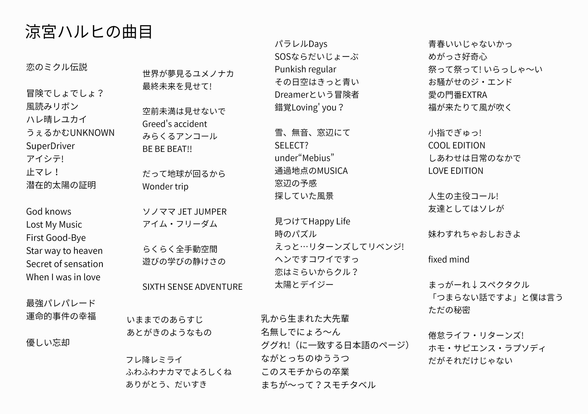 ひのき たぶん これでぜんぶだと思います 涼宮ハルヒシリーズの曲全集 歌詞じゃなくて全部タイトルで3分相当の音楽 さぁ ぜんぶ聴きにいこう