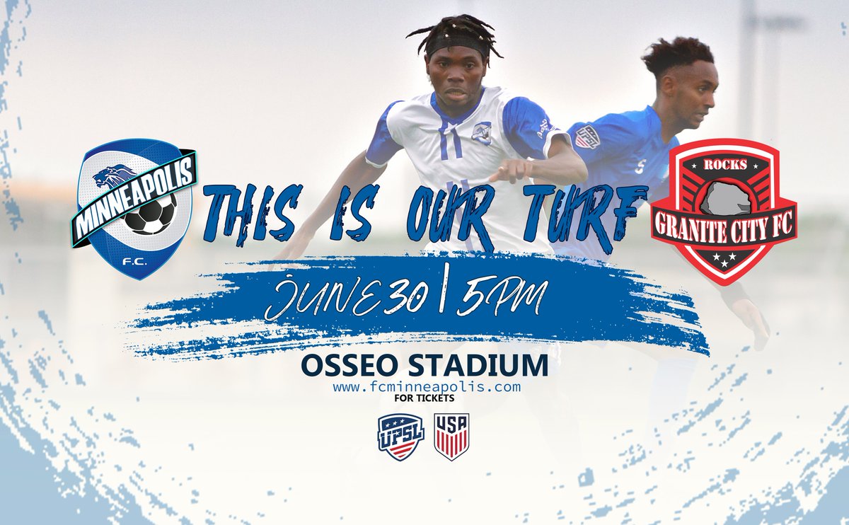 FCMinneapolis's tweet photo. ⚽️⚽️⚽️ #MatchDay9

🆚 @GCFCUpsl "Rocks"
🏟 Osseo Stadium 
📅 June 30th, 2019
⏰ 5:00 pm CST
🛒 $10 (Adults) $5 (Children) 
📺 @MyCujoo 

⚽️⚽️⚽️ #ThisIsOurTurf https://t.co/mqO5lufCO1